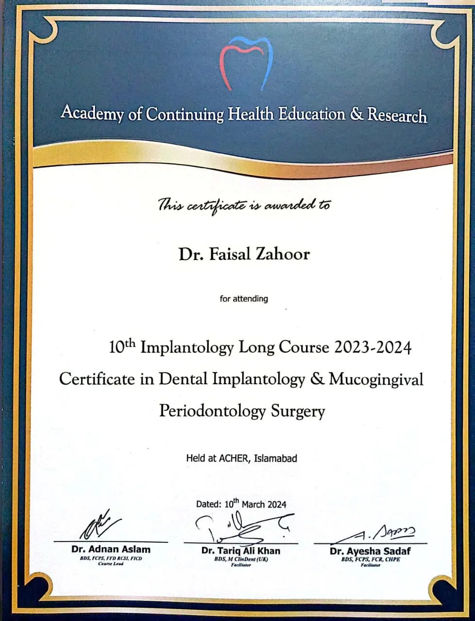 Certificate in Dental Implantology and Mucogingival Periodontology Surgery completed by Dr. Faisal Zahoor.
