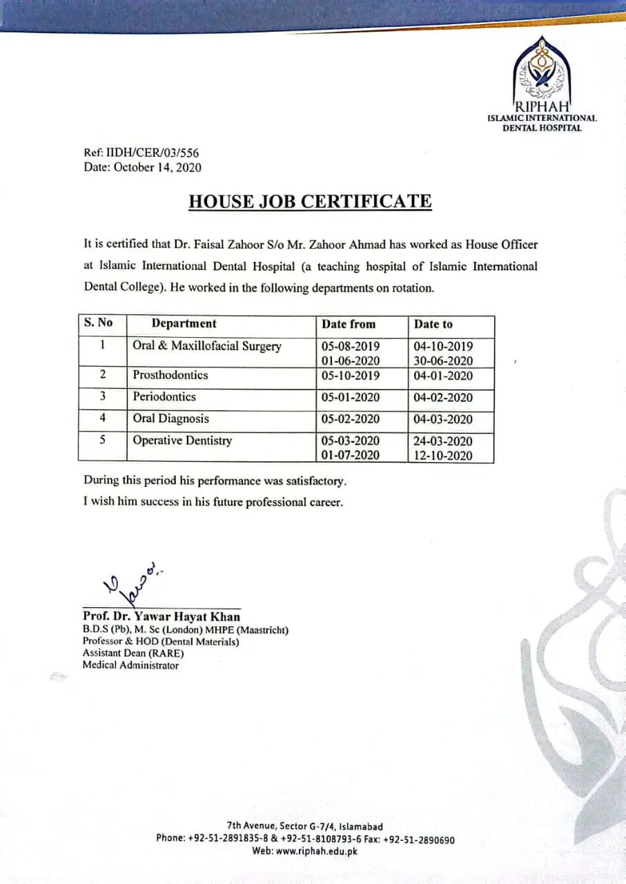 House job training certificate from Riphah International Dental Hospital awarded to Dr. Faisal Zahoor.